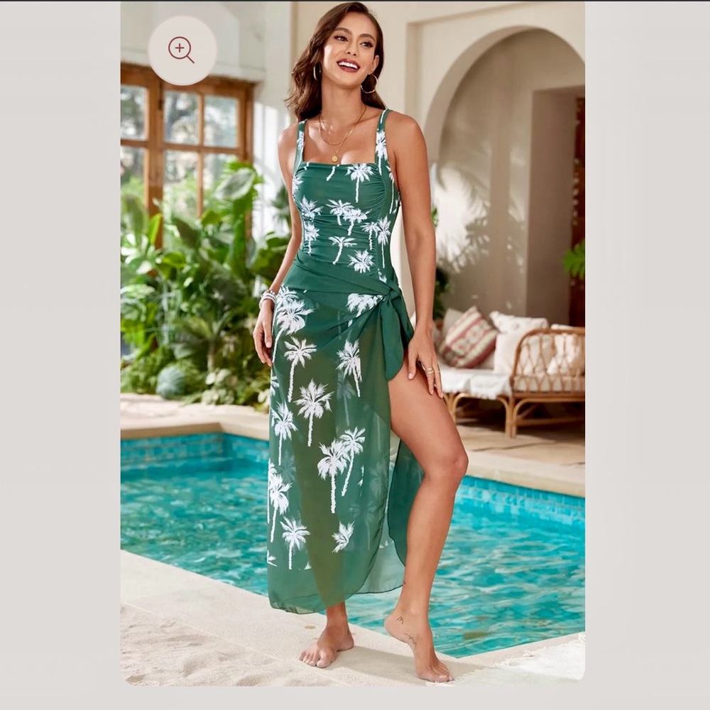 Green Palm Print Swim Dress